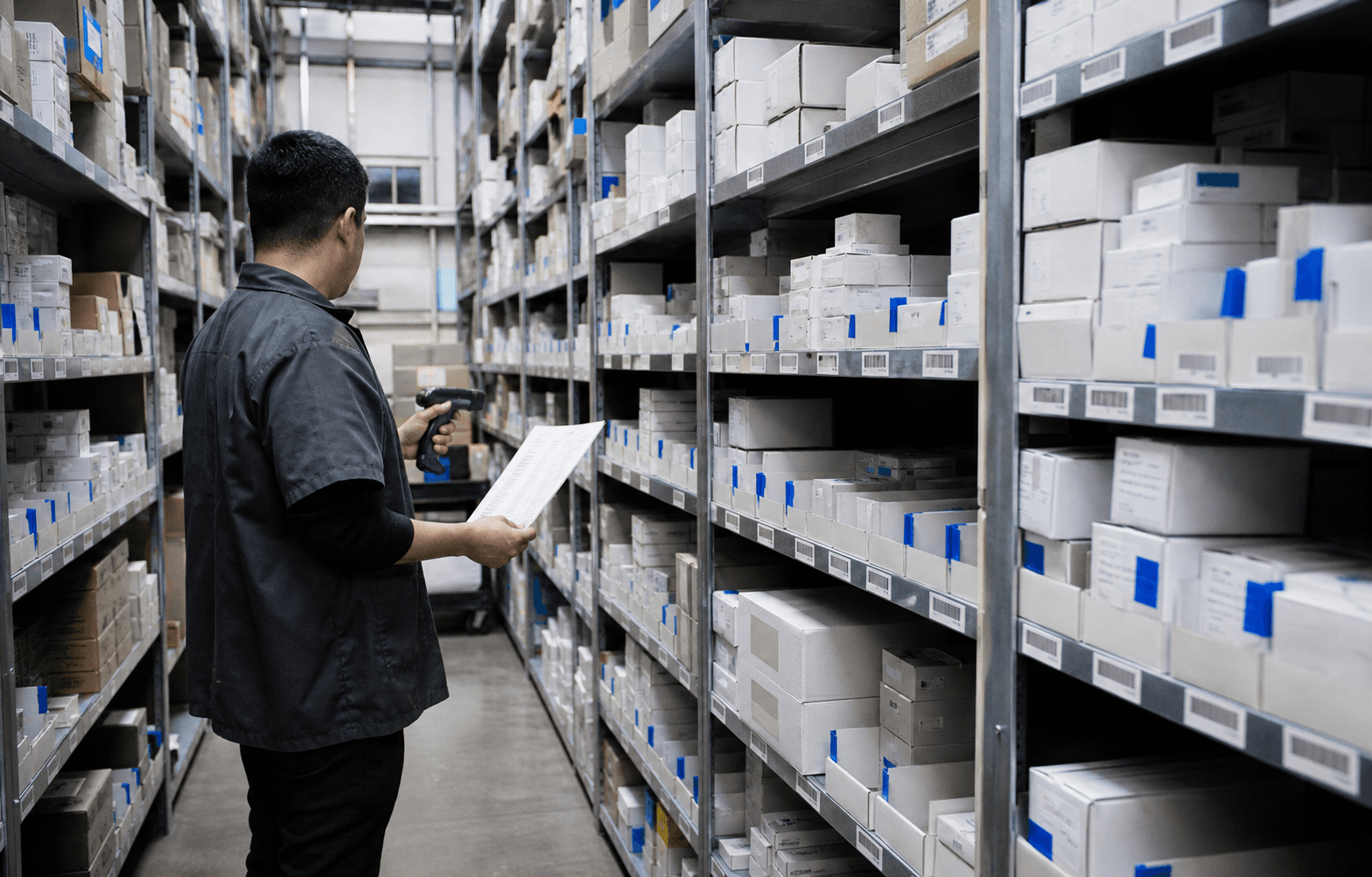 Persona revisando inventario en un almacén de distribución
